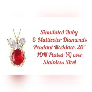 Simulated ruby & diamonds Butterfly necklace, ION plated YG